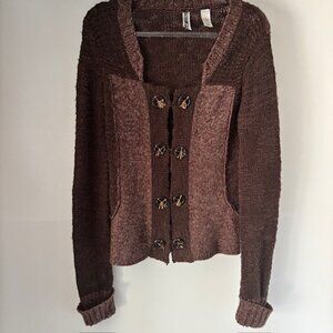 BKE Two Tone Brown Knit Long Sleeve Cardigan L Decorative Buttons Boho Western